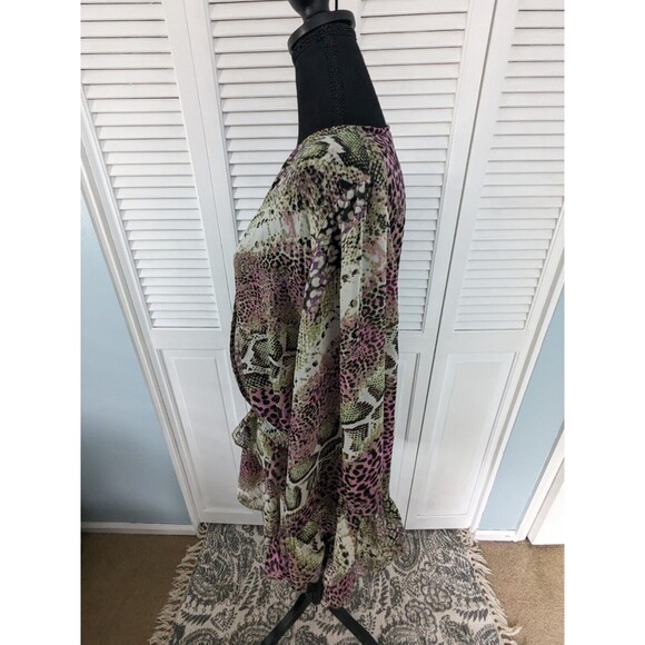 Ashley Stewart Curvy Girl 2X Blouse Animal Print Chiffon SurpliceRuffle HiLo NEW - Picture 6 of 14